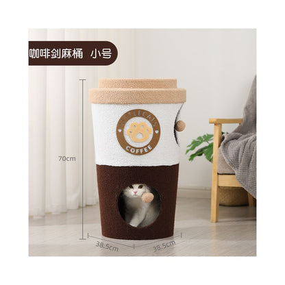 咖啡杯造型劍麻桶貓窩｜雙層貓樹孔洞設計四季通用一體式爬架