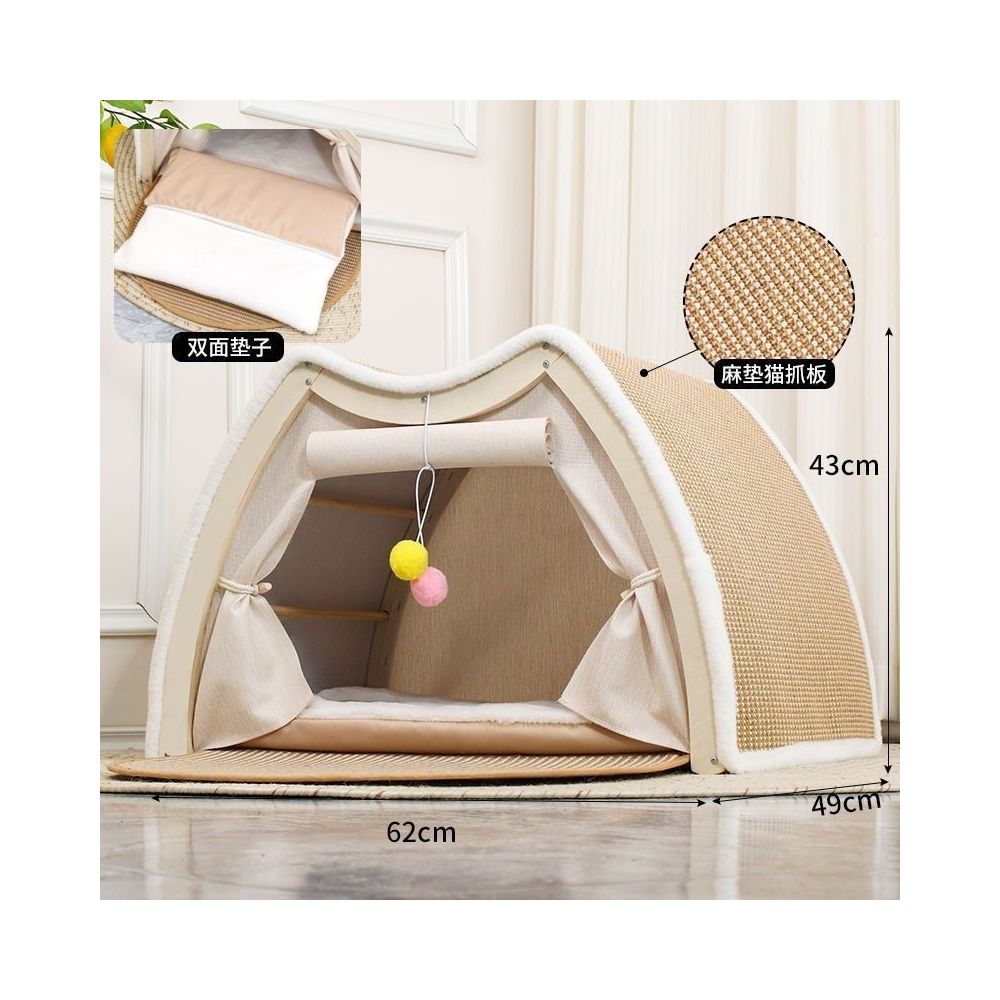 【實木美學】複合式劍麻貓帳篷｜貓抓板睡窩二合一，特大空間全季通用，實木封閉式貓屋，耐磨不掉屑寵物窩