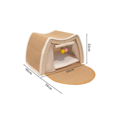 【實木美學】複合式劍麻貓帳篷｜貓抓板睡窩二合一，特大空間全季通用，實木封閉式貓屋，耐磨不掉屑寵物窩