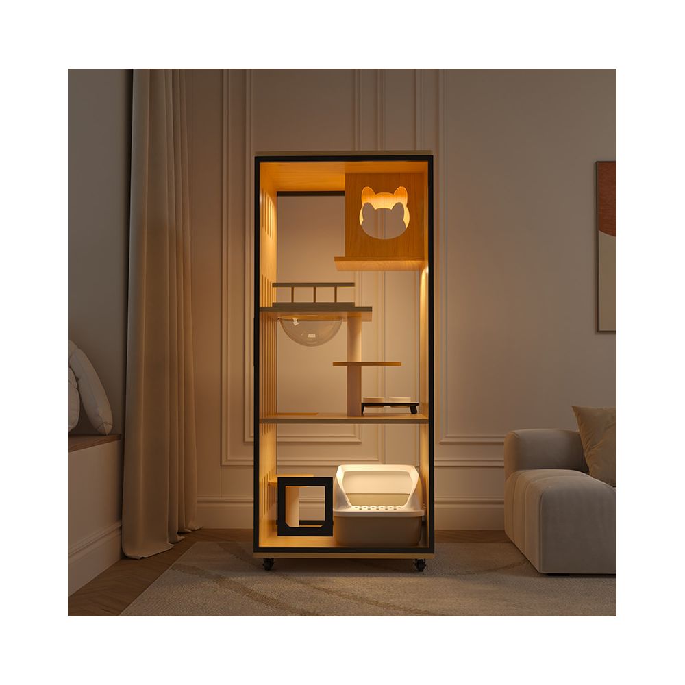 【小坪數首選】實木空間節省貓別墅｜一體式隱藏貓砂櫃，室內多功能貓籠貓屋，北歐風質感貓公寓，保護家具且美觀整潔