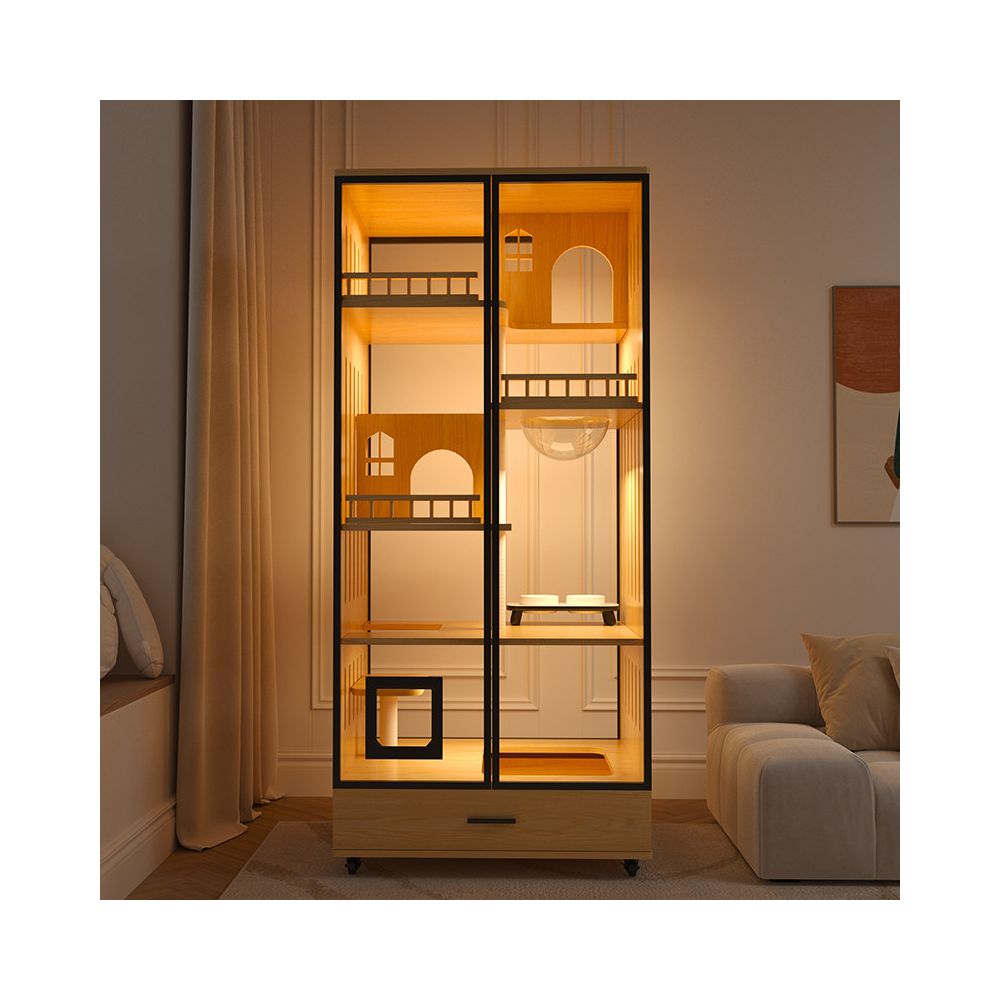 【小坪數首選】實木空間節省貓別墅｜一體式隱藏貓砂櫃，室內多功能貓籠貓屋，北歐風質感貓公寓，保護家具且美觀整潔