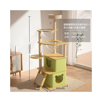 【北歐實木風】多層一體式貓跳台｜全景太空艙貓窩，小戶型必備省空間貓爬架，加固型實木貓樹，耐磨劍麻抓柱寵物家具