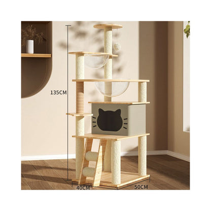 【北歐實木風】多層一體式貓跳台｜全景太空艙貓窩，小戶型必備省空間貓爬架，加固型實木貓樹，耐磨劍麻抓柱寵物家具