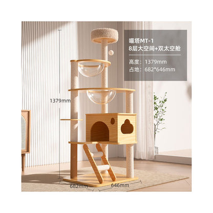 【北歐實木風】多層一體式貓跳台｜全景太空艙貓窩，小戶型必備省空間貓爬架，加固型實木貓樹，耐磨劍麻抓柱寵物家具