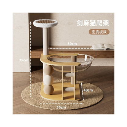 【北歐風實木】多功能貓跳台｜小戶型必備不佔空間，一體式貓窩/貓抓柱/全景太空艙，耐磨劍麻貓爬架，租屋族首選簡約小型貓樹