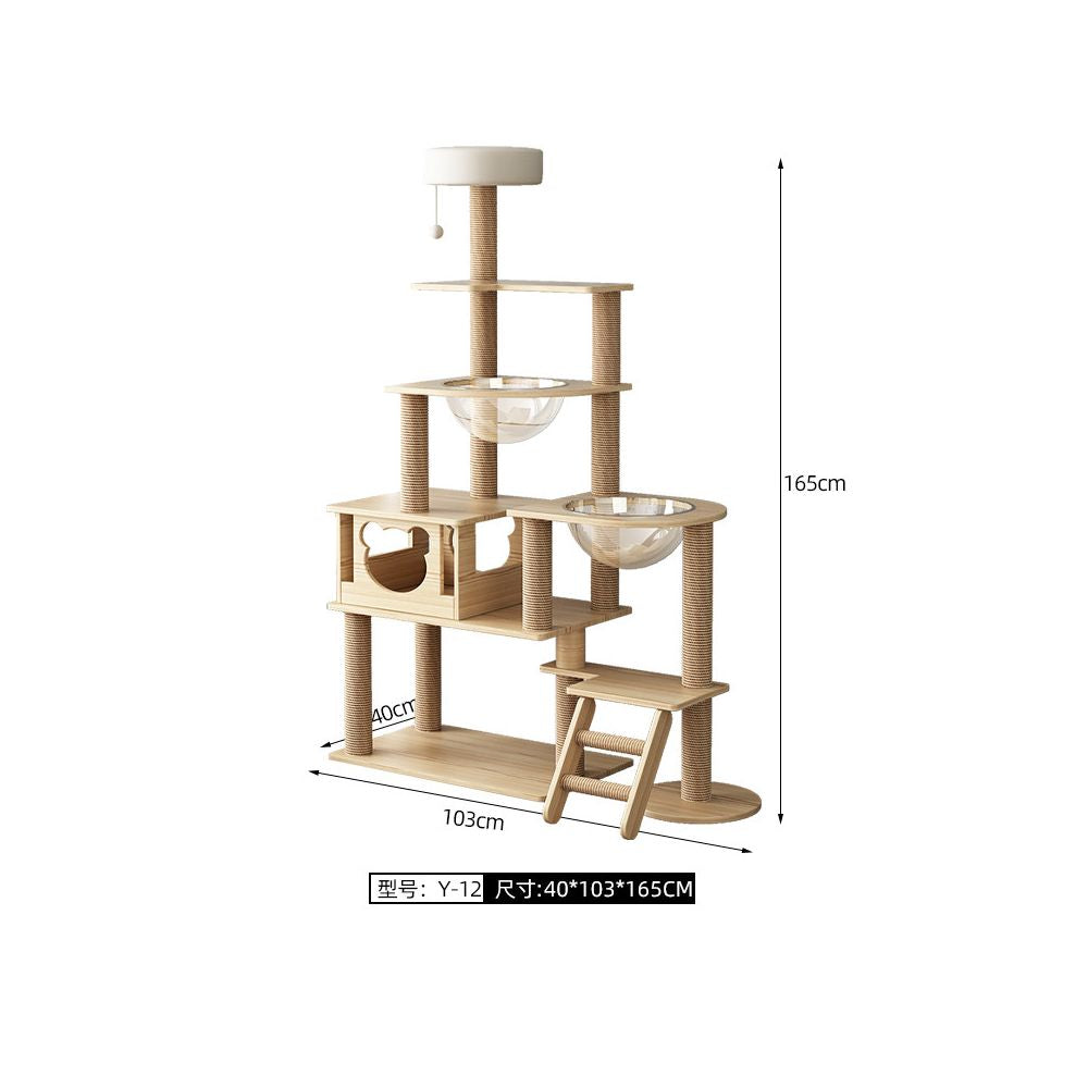 【五星級貓別墅】一體式實木貓跳台｜全景太空艙+劍麻貓抓柱+舒適貓窩，小坪數首選多層跳台，耐磨防滑貓爬架，室內貓咪娛樂用品