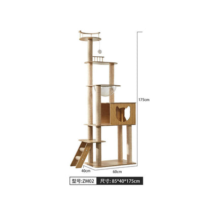 【五星級貓別墅】一體式實木貓跳台｜全景太空艙+劍麻貓抓柱+舒適貓窩，小坪數首選多層跳台，耐磨防滑貓爬架，室內貓咪娛樂用品