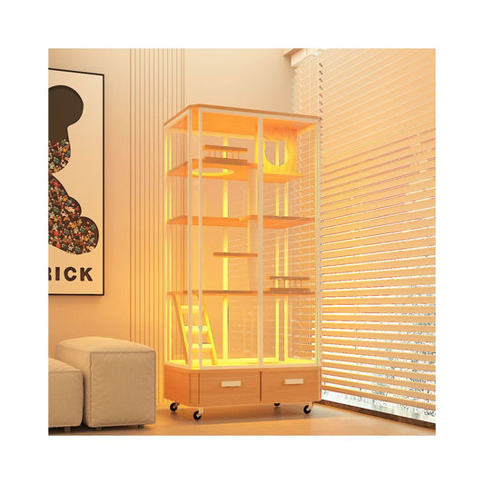 全景玻璃實木貓別墅｜一體化集成貓砂盆設計，超大室內活動空間，透氣防異味豪華貓籠，簡約現代風格室內貓屋、貓別墅首選