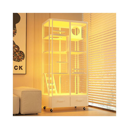 全景玻璃實木貓別墅｜一體化集成貓砂盆設計，超大室內活動空間，透氣防異味豪華貓籠，簡約現代風格室內貓屋、貓別墅首選