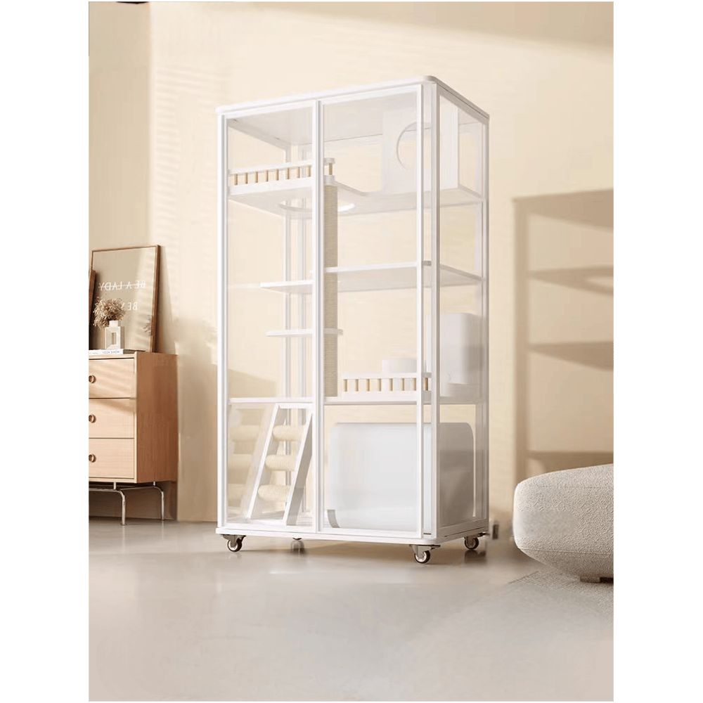 全景玻璃實木貓別墅｜一體化集成貓砂盆設計，超大室內活動空間，透氣防異味豪華貓籠，簡約現代風格室內貓屋、貓別墅首選