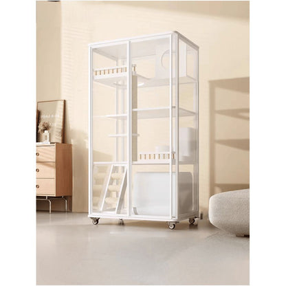 全景玻璃實木貓別墅｜一體化集成貓砂盆設計，超大室內活動空間，透氣防異味豪華貓籠，簡約現代風格室內貓屋、貓別墅首選