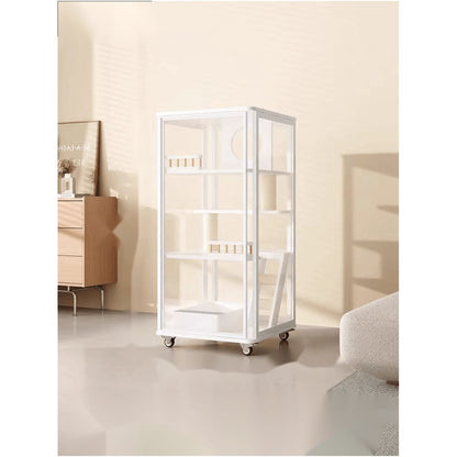 全景玻璃實木貓別墅｜一體化集成貓砂盆設計，超大室內活動空間，透氣防異味豪華貓籠，簡約現代風格室內貓屋、貓別墅首選