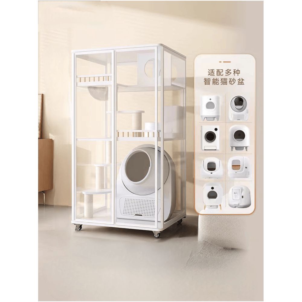 全景玻璃實木貓別墅｜一體化集成貓砂盆設計，超大室內活動空間，透氣防異味豪華貓籠，簡約現代風格室內貓屋、貓別墅首選