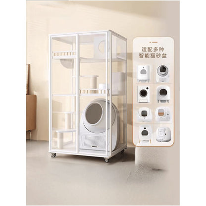 全景玻璃實木貓別墅｜一體化集成貓砂盆設計，超大室內活動空間，透氣防異味豪華貓籠，簡約現代風格室內貓屋、貓別墅首選