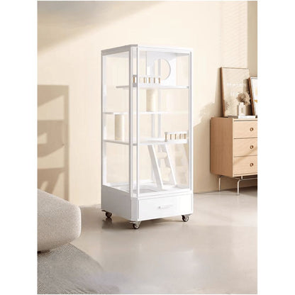 全景玻璃實木貓別墅｜一體化集成貓砂盆設計，超大室內活動空間，透氣防異味豪華貓籠，簡約現代風格室內貓屋、貓別墅首選