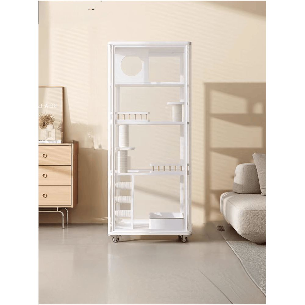 全景玻璃實木貓別墅｜一體化集成貓砂盆設計，超大室內活動空間，透氣防異味豪華貓籠，簡約現代風格室內貓屋、貓別墅首選