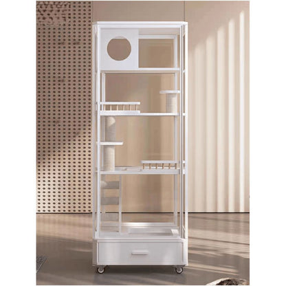 全景玻璃實木貓別墅｜一體化集成貓砂盆設計，超大室內活動空間，透氣防異味豪華貓籠，簡約現代風格室內貓屋、貓別墅首選