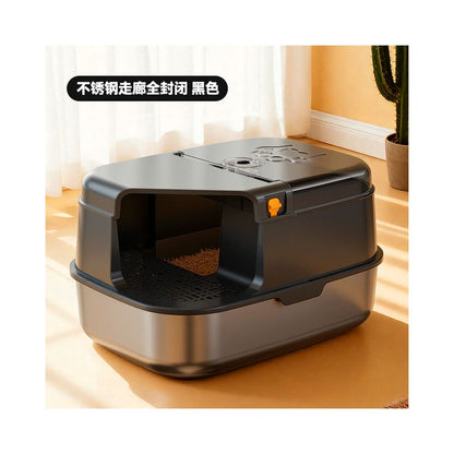 【頂級不鏽鋼】走廊式全封閉貓砂盆｜醫療級材質永久不吸味，低門檻短腿貓/曼赤肯專用，特大空間防落砂走廊貓廁所（終極防護防噴濺）