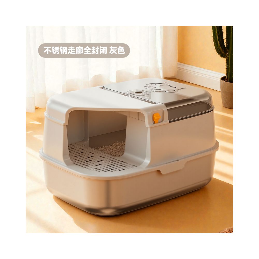 【頂級不鏽鋼】走廊式全封閉貓砂盆｜醫療級材質永久不吸味，低門檻短腿貓/曼赤肯專用，特大空間防落砂走廊貓廁所（終極防護防噴濺）