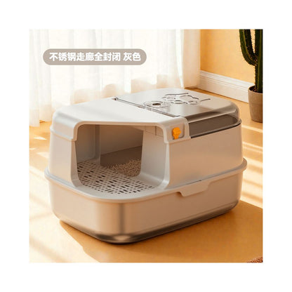 【頂級不鏽鋼】走廊式全封閉貓砂盆｜醫療級材質永久不吸味，低門檻短腿貓/曼赤肯專用，特大空間防落砂走廊貓廁所（終極防護防噴濺）