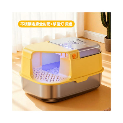 【頂級不鏽鋼】走廊式全封閉貓砂盆｜醫療級材質永久不吸味，低門檻短腿貓/曼赤肯專用，特大空間防落砂走廊貓廁所（終極防護防噴濺）