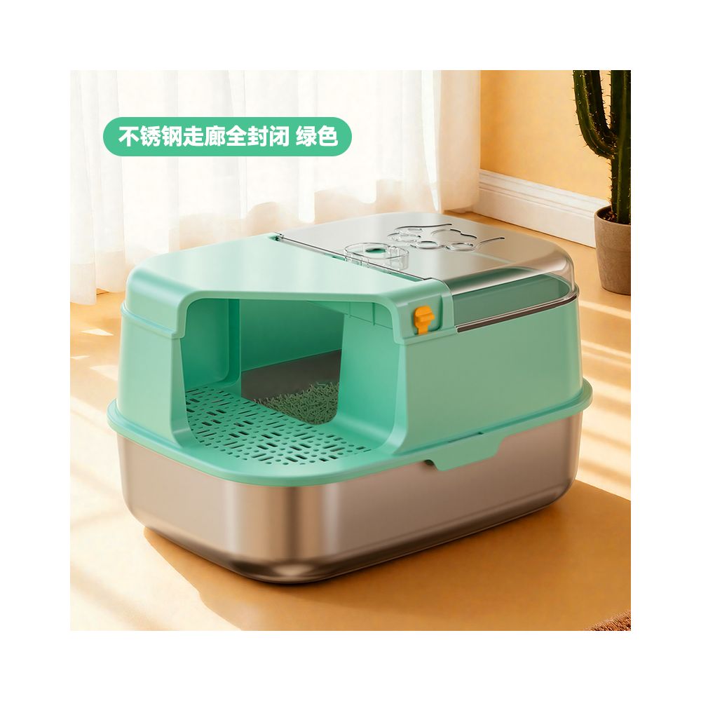 【頂級不鏽鋼】走廊式全封閉貓砂盆｜醫療級材質永久不吸味，低門檻短腿貓/曼赤肯專用，特大空間防落砂走廊貓廁所（終極防護防噴濺）