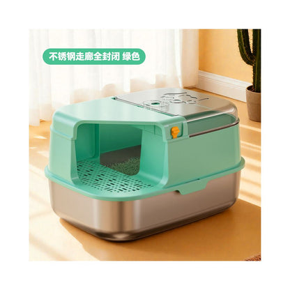 【頂級不鏽鋼】走廊式全封閉貓砂盆｜醫療級材質永久不吸味，低門檻短腿貓/曼赤肯專用，特大空間防落砂走廊貓廁所（終極防護防噴濺）