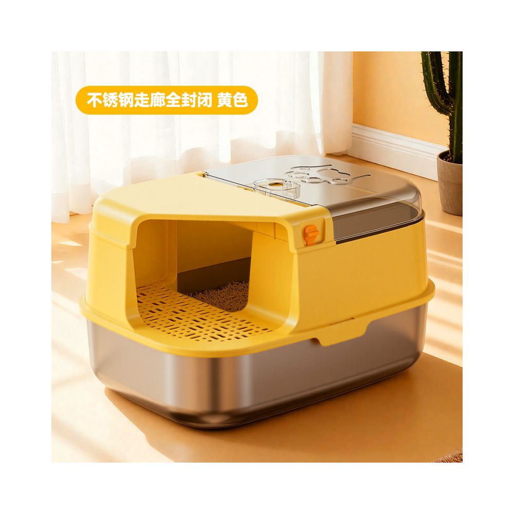 【頂級不鏽鋼】走廊式全封閉貓砂盆｜醫療級材質永久不吸味，低門檻短腿貓/曼赤肯專用，特大空間防落砂走廊貓廁所（終極防護防噴濺）