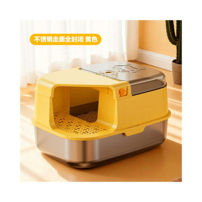 【頂級不鏽鋼】走廊式全封閉貓砂盆｜醫療級材質永久不吸味，低門檻短腿貓/曼赤肯專用，特大空間防落砂走廊貓廁所（終極防護防噴濺）