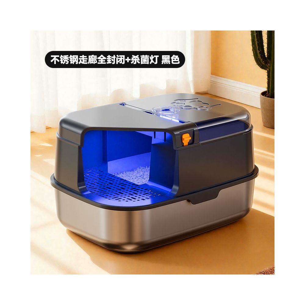 【頂級不鏽鋼】走廊式全封閉貓砂盆｜醫療級材質永久不吸味，低門檻短腿貓/曼赤肯專用，特大空間防落砂走廊貓廁所（終極防護防噴濺）