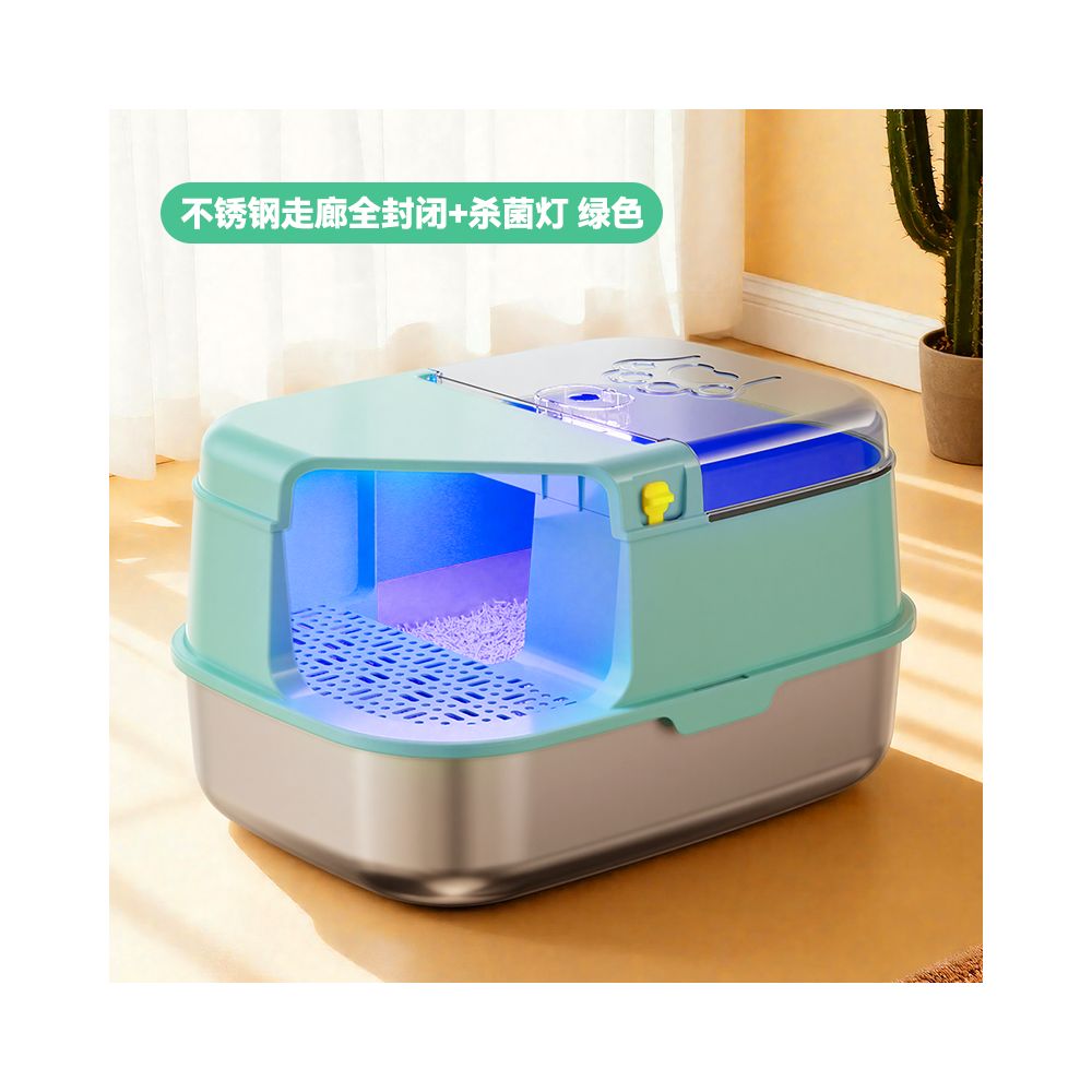 【頂級不鏽鋼】走廊式全封閉貓砂盆｜醫療級材質永久不吸味，低門檻短腿貓/曼赤肯專用，特大空間防落砂走廊貓廁所（終極防護防噴濺）