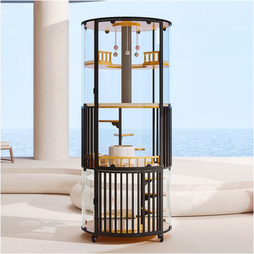 360 degree panoramic cat villa glass rotating luxury solid wood cat nest with toilet and cat cage for home use super large cat room image 1