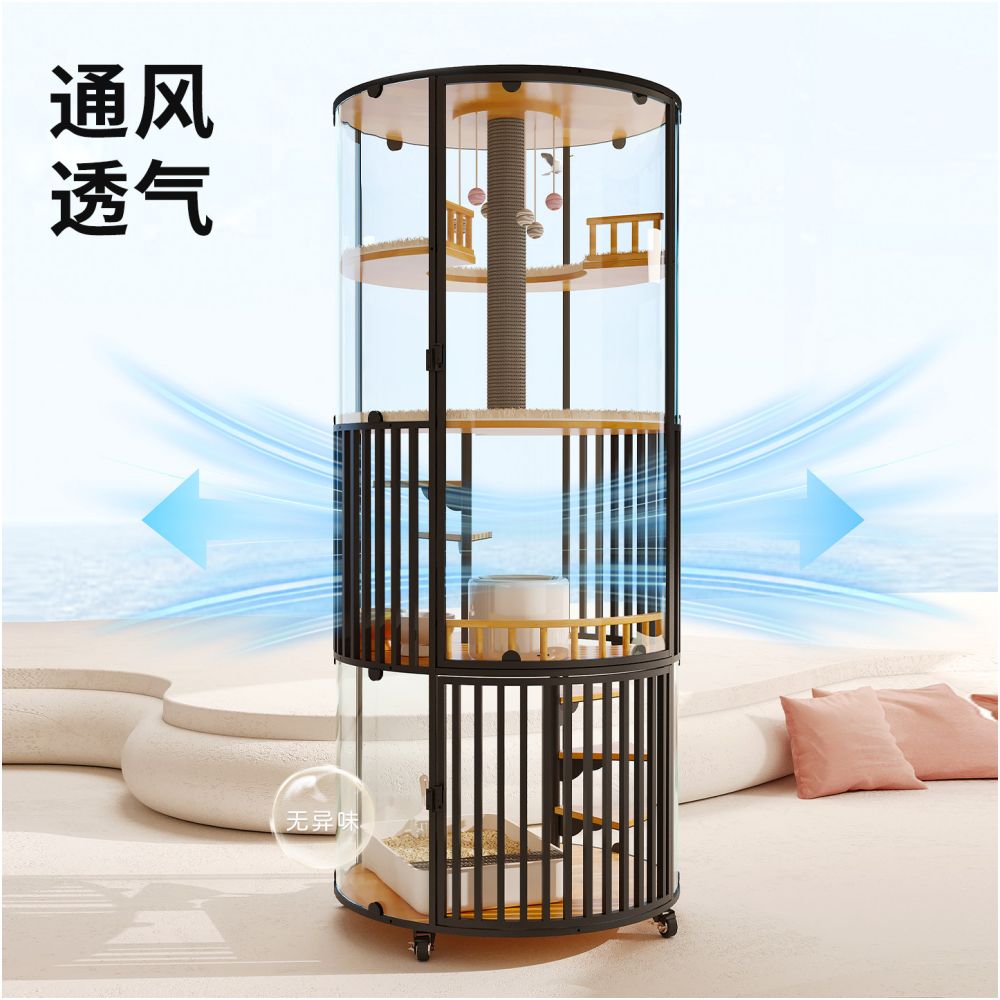 360 degree panoramic cat villa glass rotating luxury solid wood cat nest with toilet and cat cage for home use super large cat room image 3