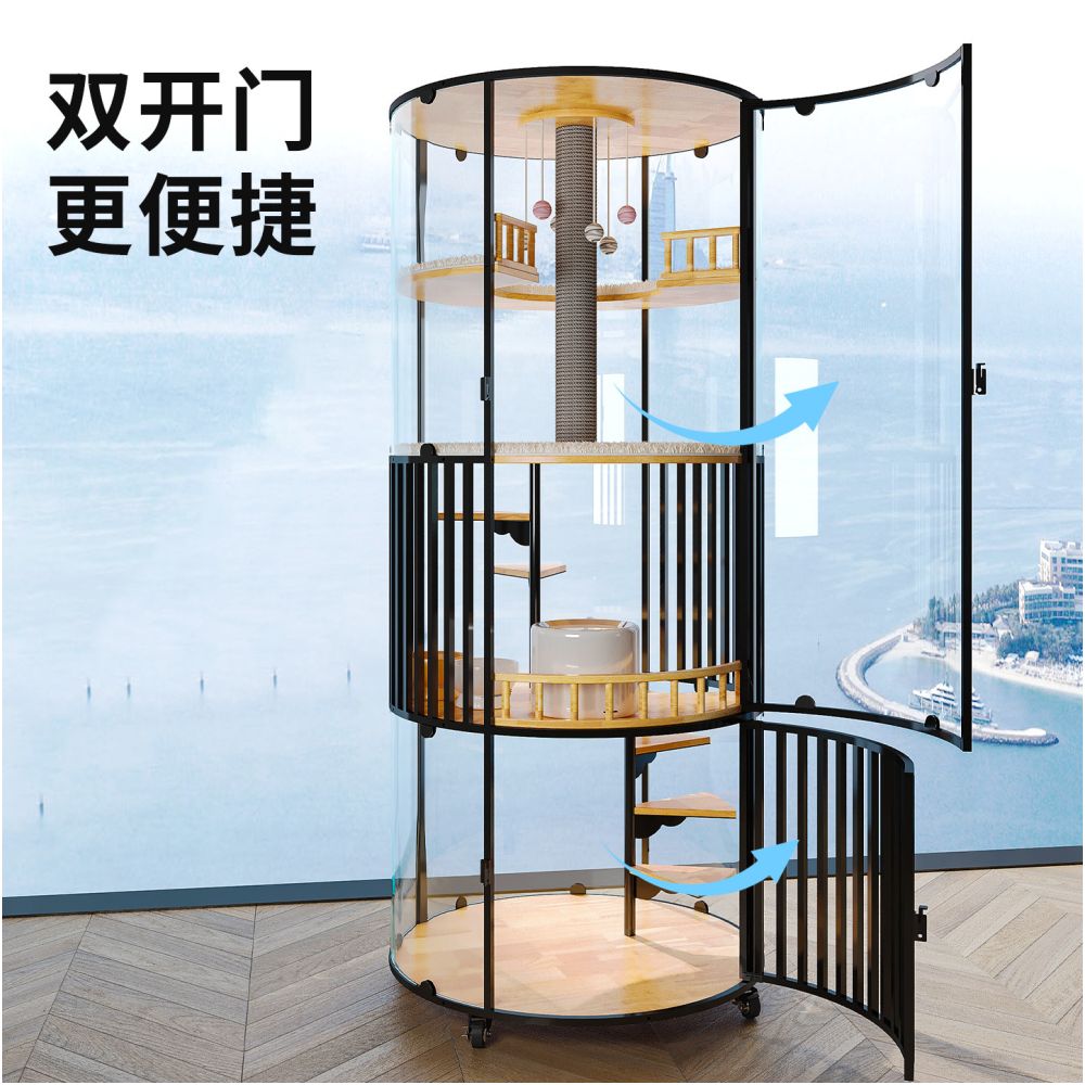 360 degree panoramic cat villa glass rotating luxury solid wood cat nest with toilet and cat cage for home use super large cat room image 4