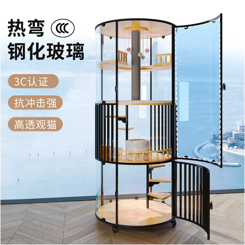 360 degree panoramic cat villa glass rotating luxury solid wood cat nest with toilet and cat cage for home use super large cat room image 5