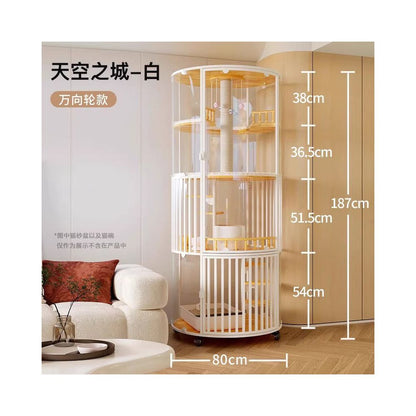 【360°全景玻璃】豪華旋轉實木貓別墅｜超大空間室內景觀貓房，自帶隱藏式貓砂盆，奢華實木貓窩家用餐飲一體化