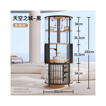 【360°全景玻璃】豪華旋轉實木貓別墅｜超大空間室內景觀貓房，自帶隱藏式貓砂盆，奢華實木貓窩家用餐飲一體化