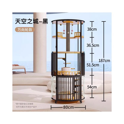 【360°全景玻璃】豪華旋轉實木貓別墅｜超大空間室內景觀貓房，自帶隱藏式貓砂盆，奢華實木貓窩家用餐飲一體化