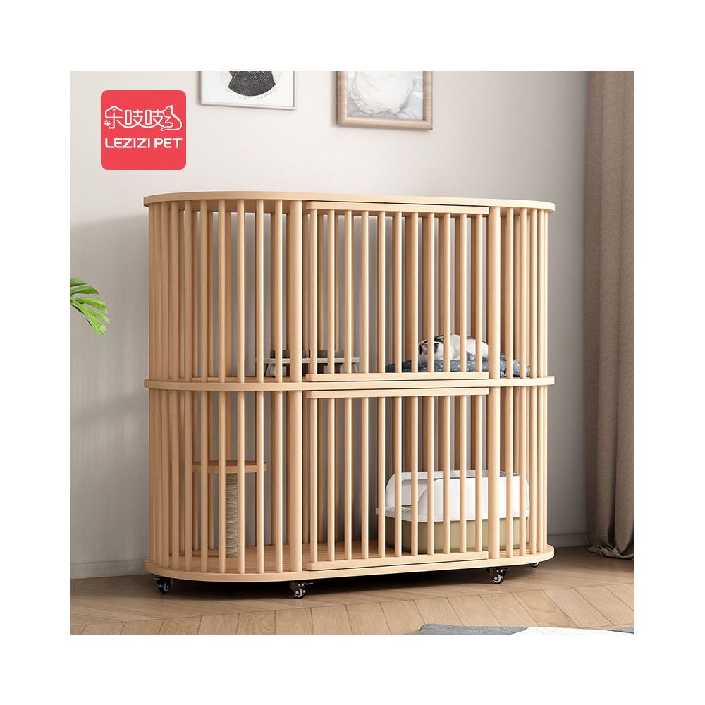LEZIZIZI solid wood three layer cat cage with super large space movable indoor cat house multi layer structure cat pet house image 2