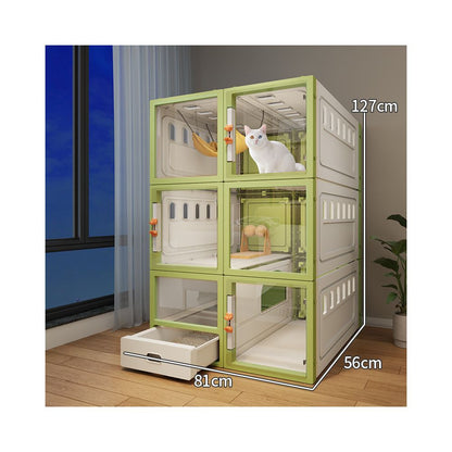 豪華實木貓別墅｜自帶一體式隱藏貓砂盆，室內家用超大空間透明貓櫃，奢華多功能貓屋別墅
