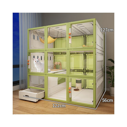 豪華實木貓別墅｜自帶一體式隱藏貓砂盆，室內家用超大空間透明貓櫃，奢華多功能貓屋別墅