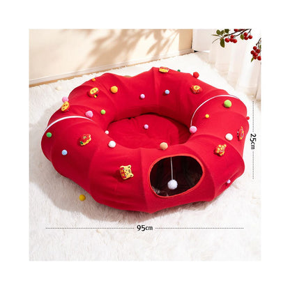 【2026 新年限定】紅火開運貓隧道窩｜封閉式躲避屋二合一，全季節摺疊貓玩具