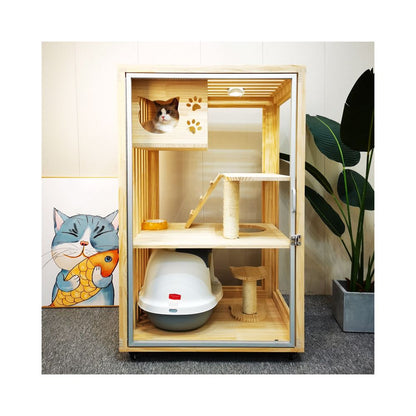 Solid wood two story design cat house multi layer cat nest villa waterproof paint household cat house customizable cat cage cat queen brand image 2