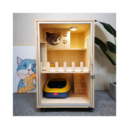 Solid wood two story design cat house multi layer cat nest villa waterproof paint household cat house customizable cat cage cat queen brand image 0