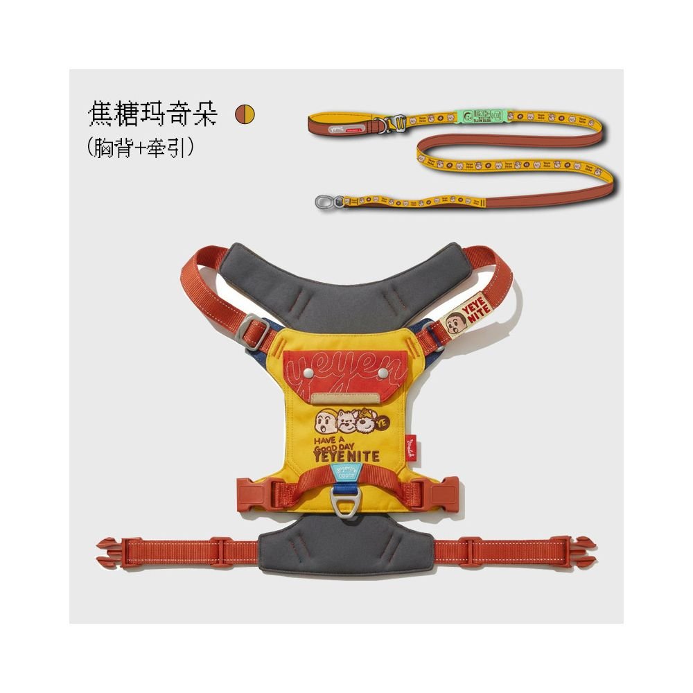 【Momo 原創設計】茶系椰椰系列撞色胸背帶｜多點可調節寵物牽引組 - 吉安寵物用品