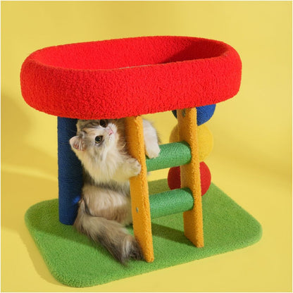 【短腿貓友善】小坪數一體式貓跳台｜四季通用涼感睡窩，加粗劍麻貓抓柱，矮型防受傷貓爬架，不佔空間室內貓咪娛樂玩具 - 吉安宠物用品