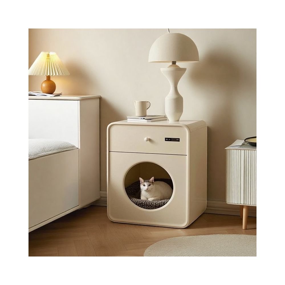 【Yibach 官方正品】奶油風實木貓窩床頭櫃｜二合一創意邊几寵物別墅 - 吉安寵物用品