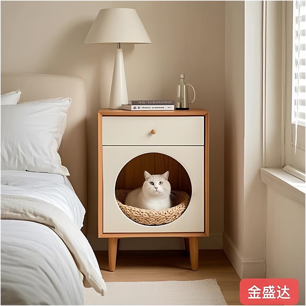 【Yibach 官方正品】奶油風實木貓窩床頭櫃｜二合一創意邊几寵物別墅 - 吉安寵物用品