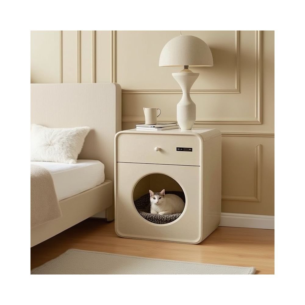 【Yibach 官方正品】奶油風實木貓窩床頭櫃｜二合一創意邊几寵物別墅 - 吉安寵物用品