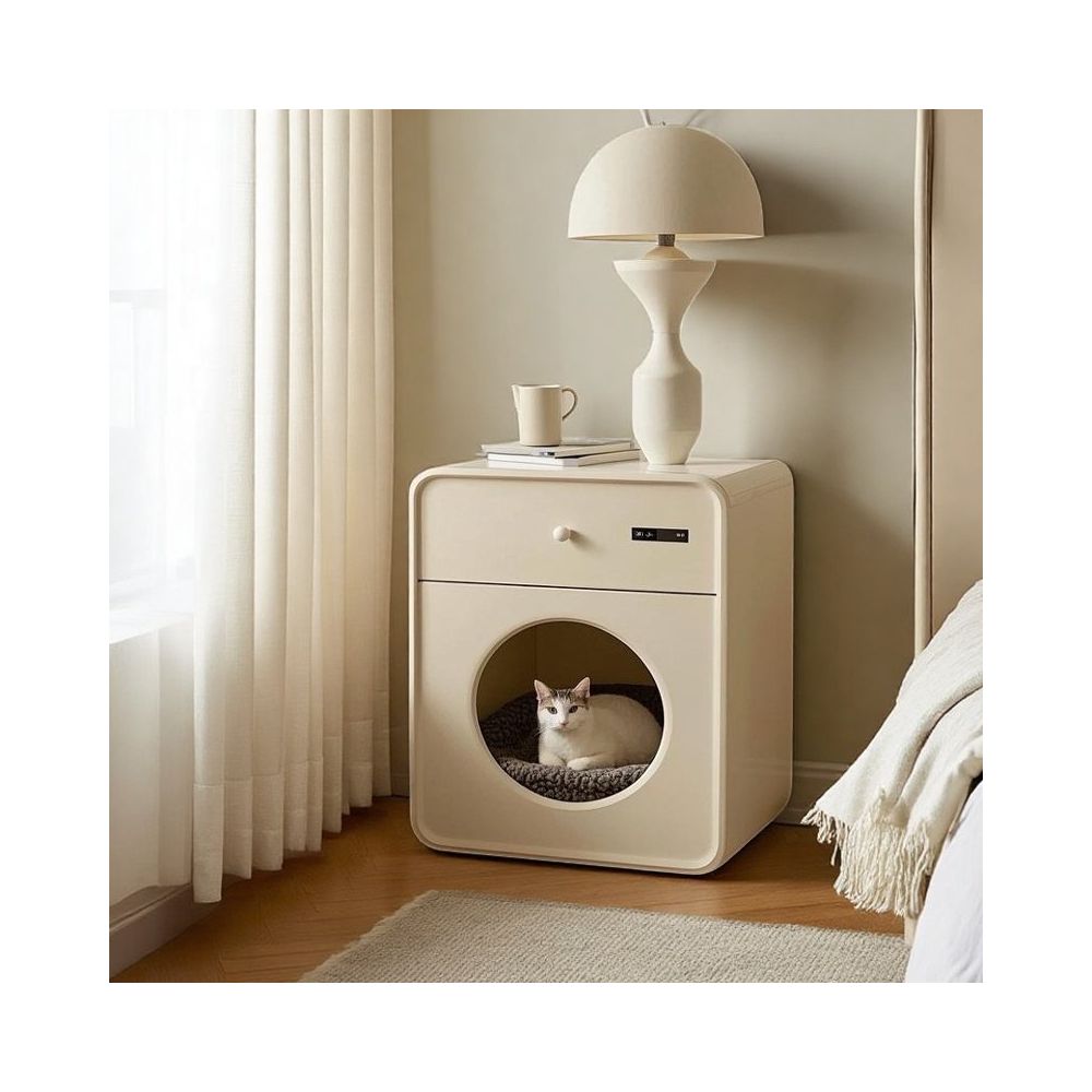 【Yibach 官方正品】奶油風實木貓窩床頭櫃｜二合一創意邊几寵物別墅 - 吉安寵物用品